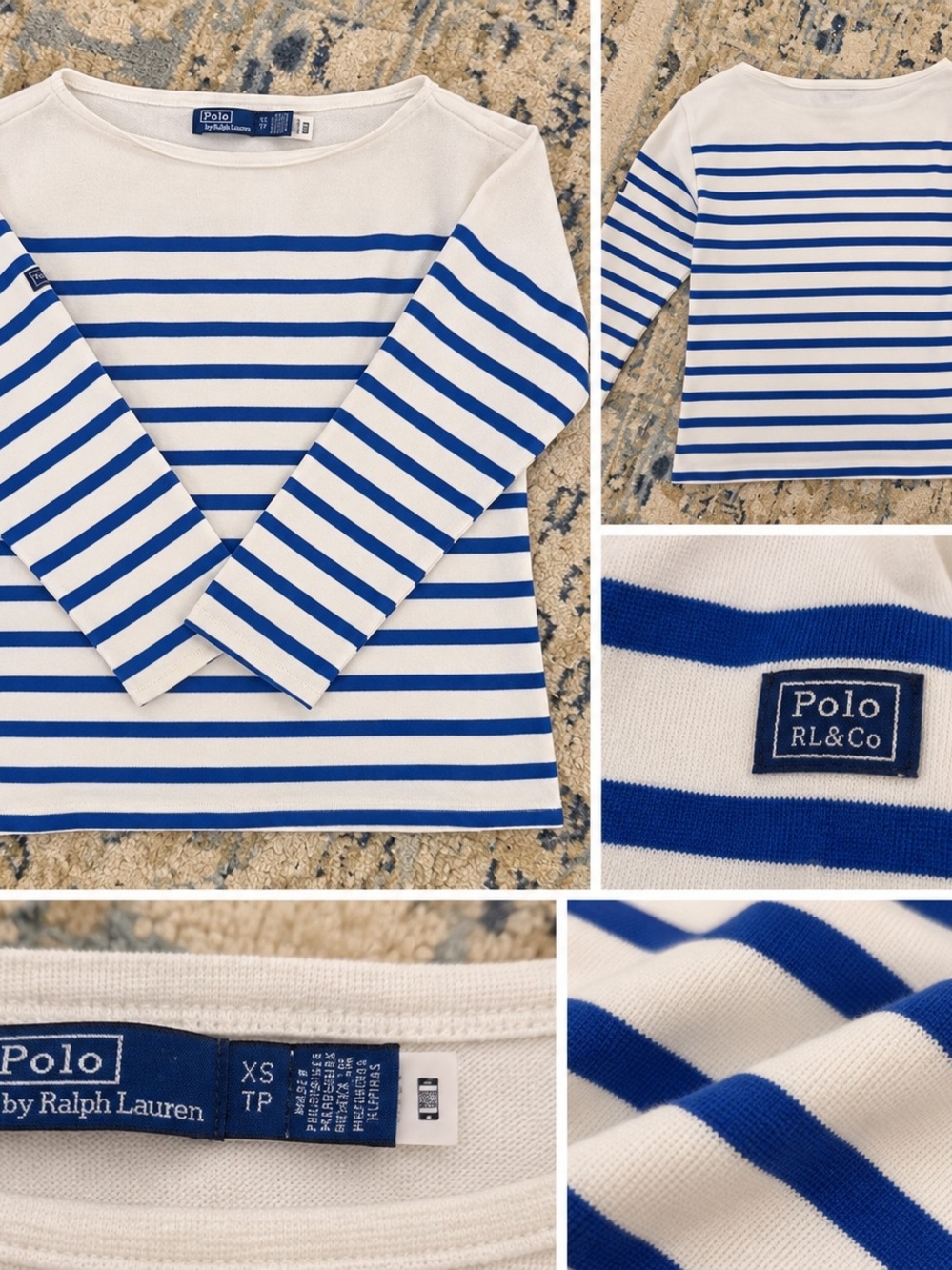 Polo Ralph Lauren Blue White Striped Boatneck Mariner Top XS
